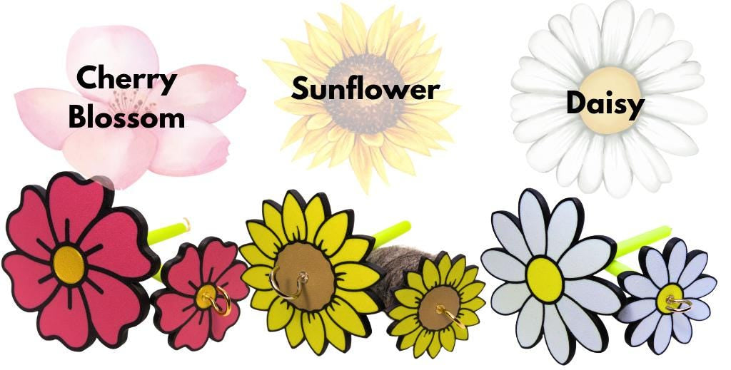 Flower-shaped drop spindles labeled 'Cherry Blossom', 'Sunflower', and 'Daisy' on a white background.