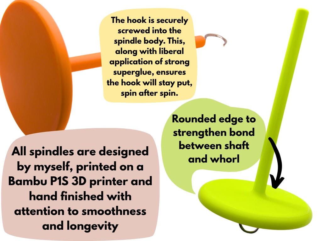 Spindle with green shaft and orange whorl, featuring text on design and materials.