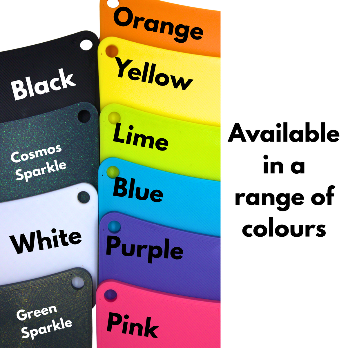 Shows the colours that this shuttle and its bobbins are available in. Available in Orange, Yellow, Lime, Blue Purple, Pink, Black, Cosmos Sparkle, White and Green Sparkle