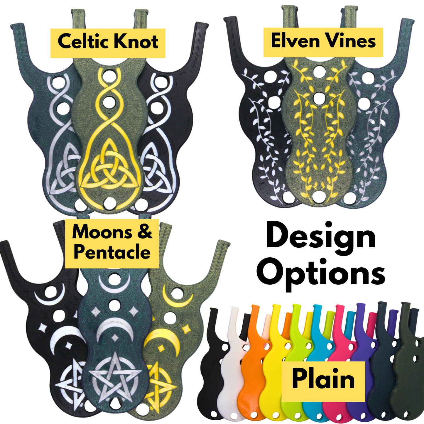Set of lucet cord forks with Celtic Knot, Elven Vines, Moons & Pentacle designs, and plain color options.
