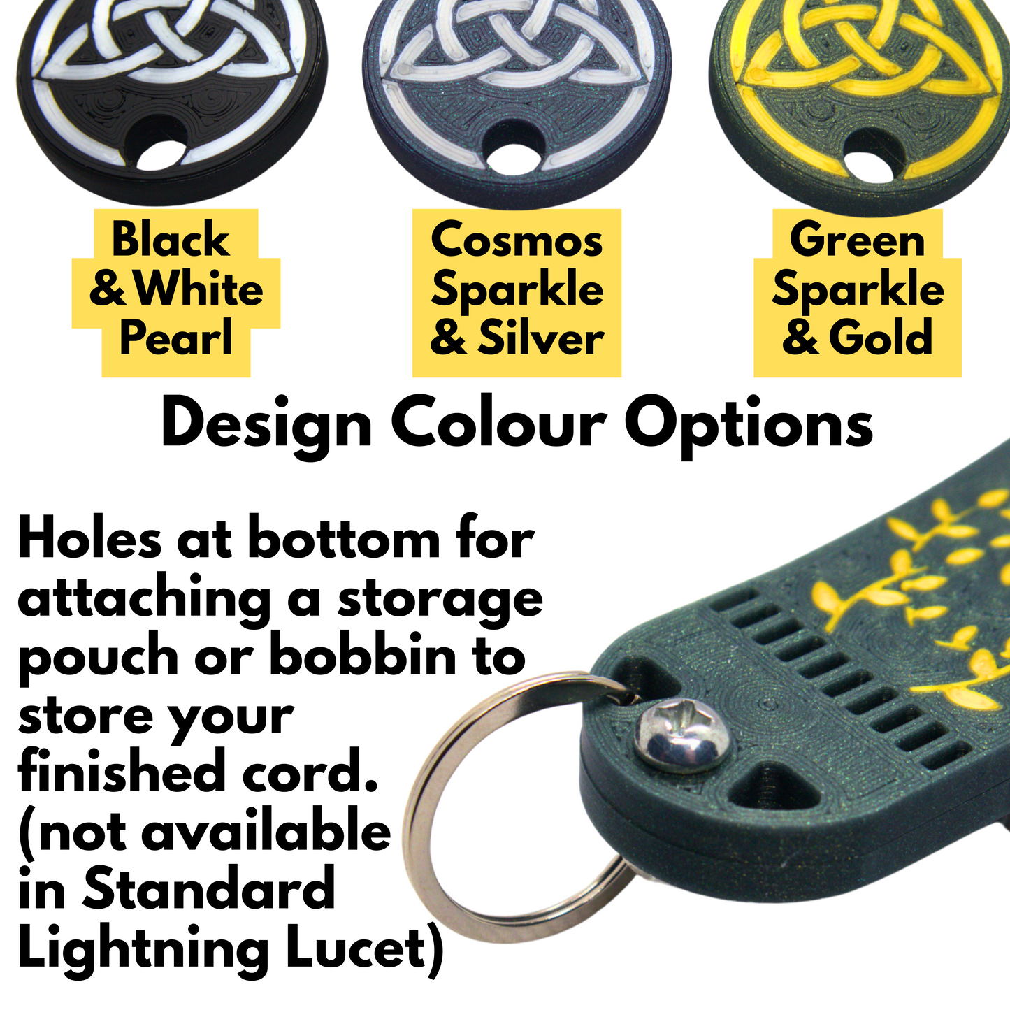 Colorway options for the designs available and advice on using a keychain for attaching a pouch to store your completed work