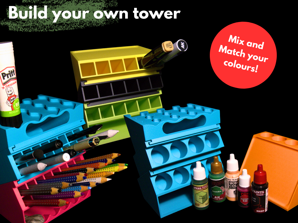 Colorful building block stationery items with text 'Build your own tower' and 'Mix and Match your colours!' on a black background.