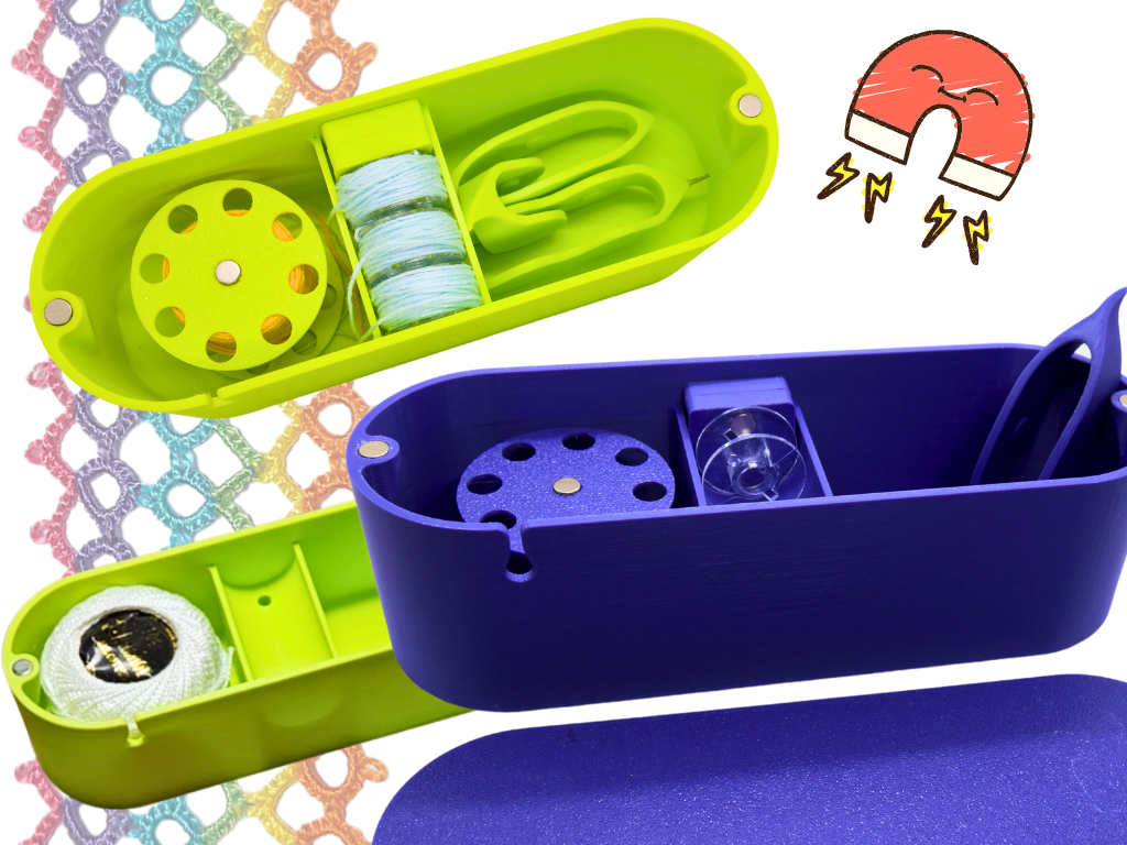 two tatting tidy storage boxes with large bobbin, sewing machine bobbins full of thread, universal tatting shuttles and a ball of thread inside. Magnetic closures and attachments