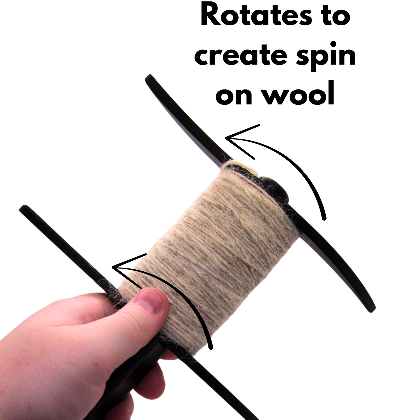 Hand holding a slovak spindle with spun wool with text indicating rotation to create spin on wool.