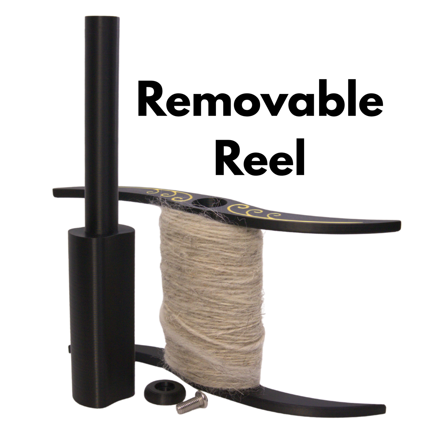 slovak spindle / druga taken apart into its constituent pieces withthe text 'removable reel' to show that the reel can be removed when full