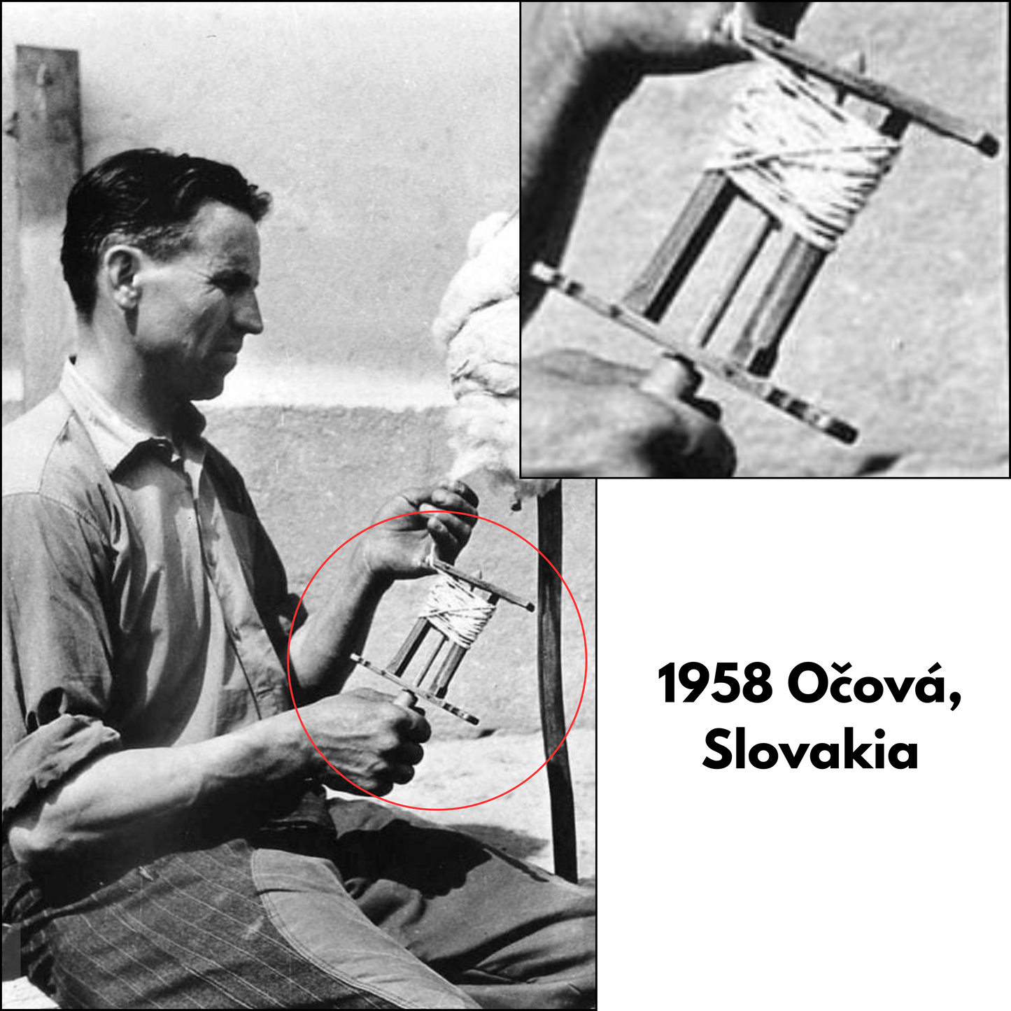 Black and white photo of a man working with a type of rotating spindle, inset showing a close-up of the spindle, with text '1958 Ocová, Slovakia'.