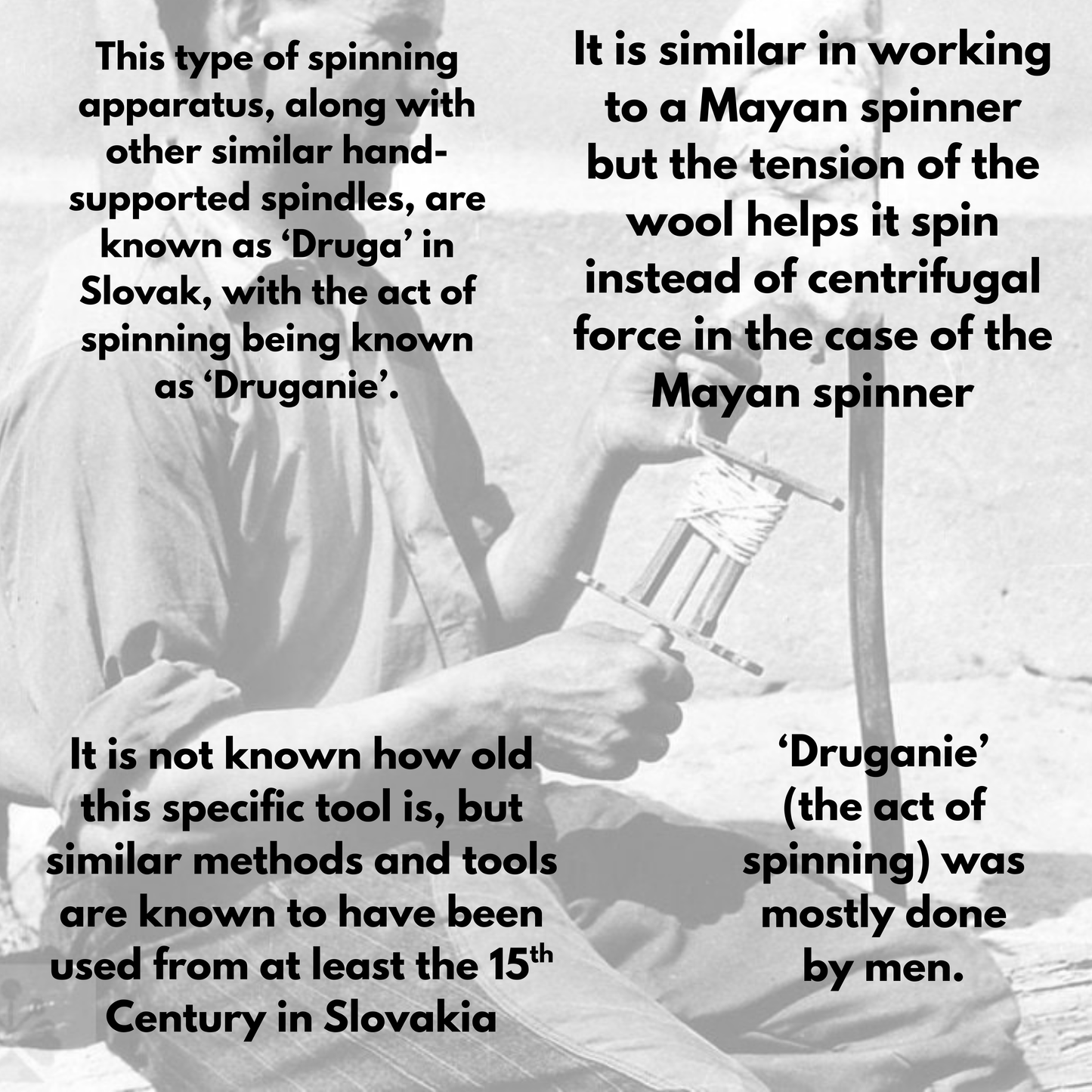 Person using a spinning wheel with text about the 'Druga' and 'Druganie' in Slovakian history.