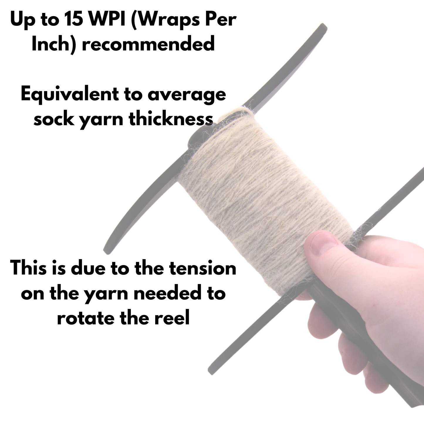 Yarn reel with text explaining yarn thickness and tension. Up to 15 WPI (wraps per inch) recommended, this is equivalent to the average thickness of sock yarn due to the tension on the yarn needed to rotate the wheel to avoid yarn snapping