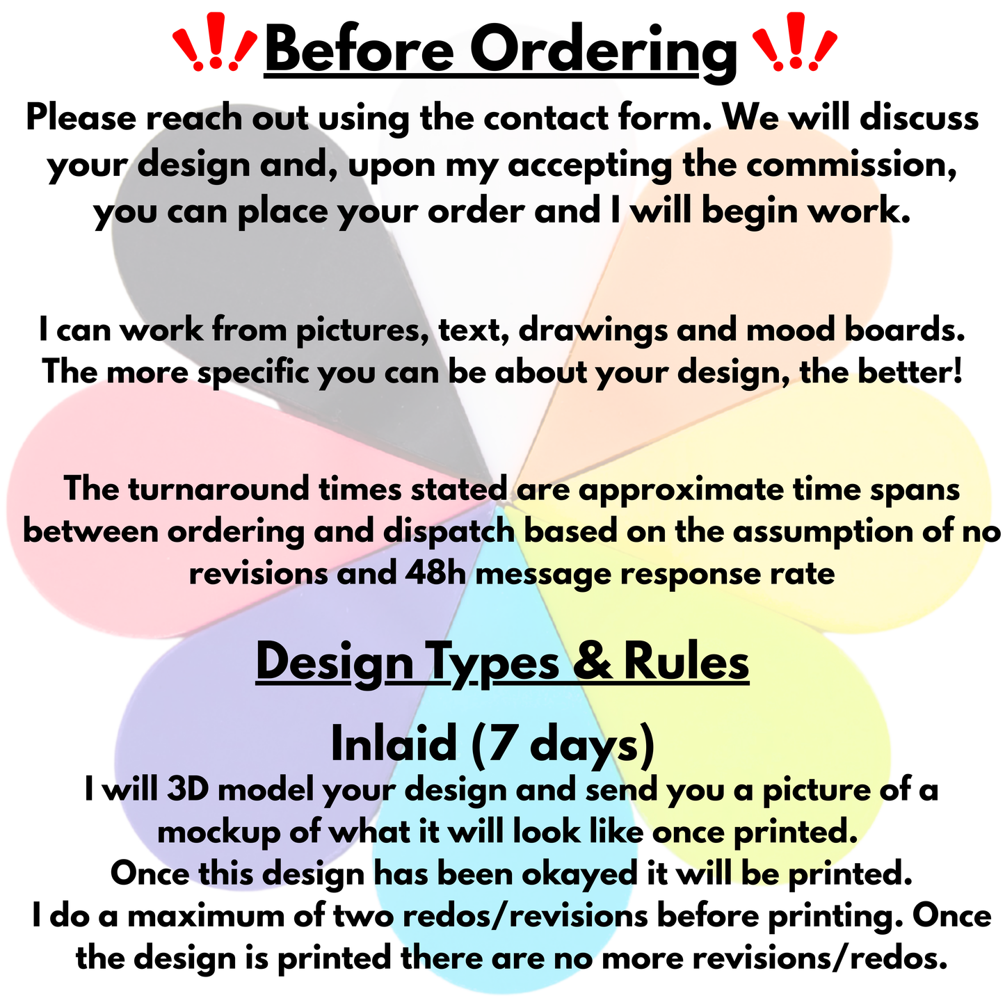 Text instructions for design order process with colorful speech bubble graphics.
