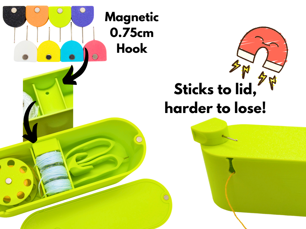 Green magnetic tatting shuttle case with colorful magnetic picot hooks and text highlighting features.