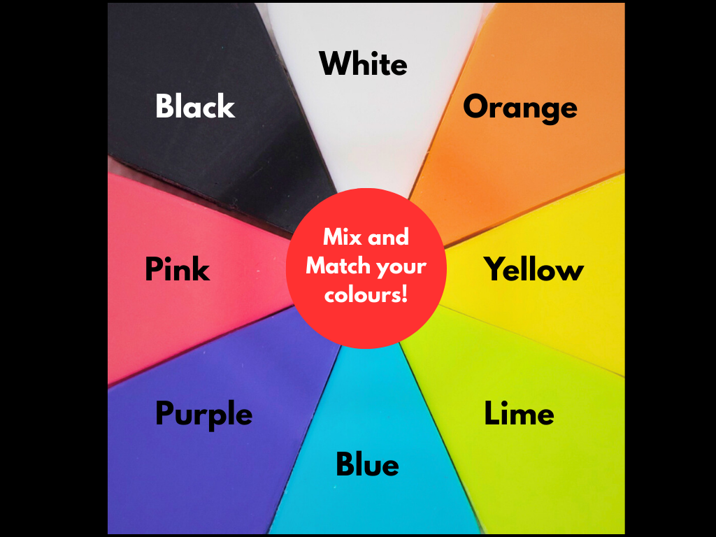 Color wheel with labeled colors and a red circle prompting 'Mix and Match your colours!'.