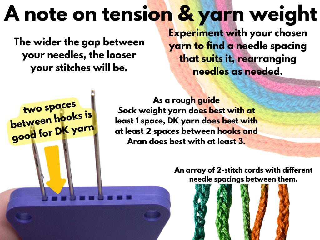 Knitting guide with text on tension and yarn weight, showing needle spacing and yarn colors.