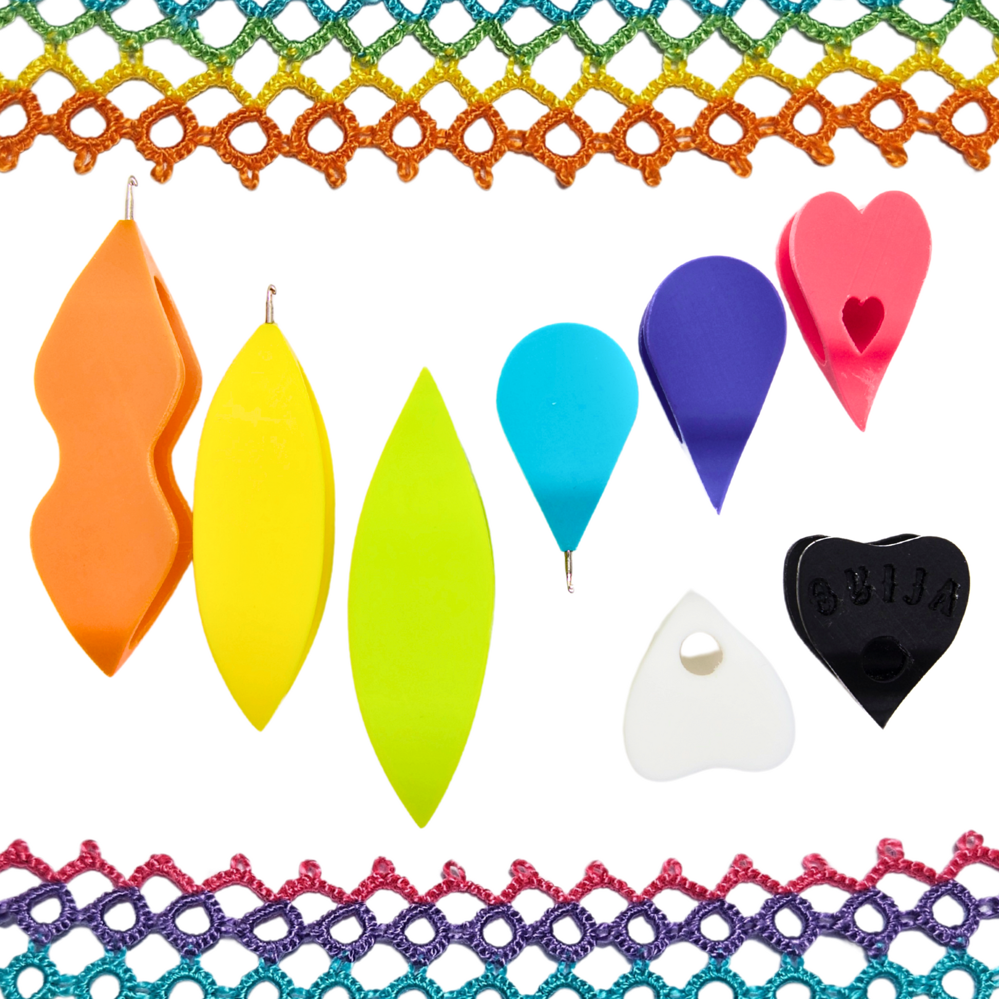 Colourful universal tatting shuttles in various shapes and sizes, some with metal hooks on the end, framed with rainbow tatted lace