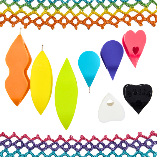 Colourful universal tatting shuttles in various shapes and sizes, some with metal hooks on the end, framed with rainbow tatted lace