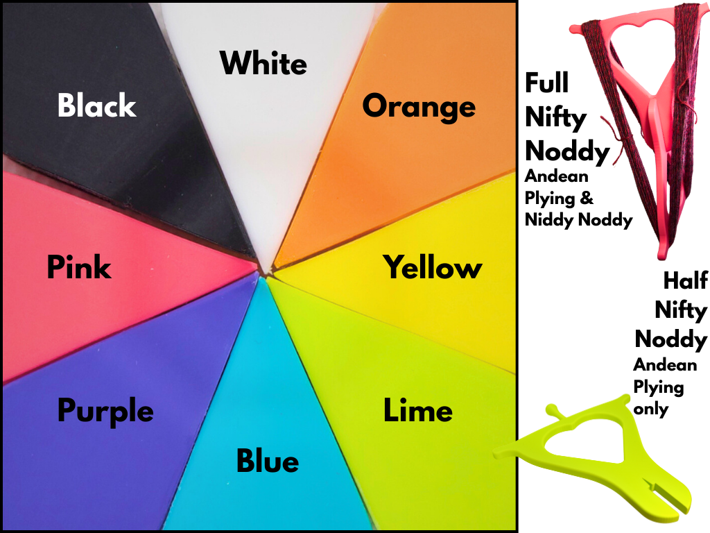 Color wheel with labeled colors and Niddy Noddy products on the right.