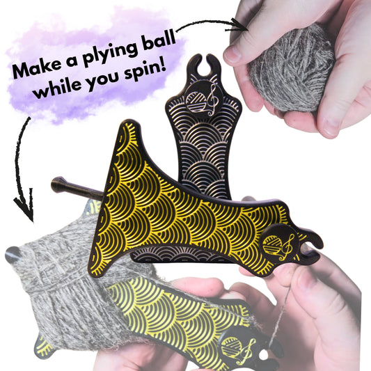 a hand holding a ball of spun single yarn to ply from alongside an art deco motif black and metallic mayan spin and ply spinner with the caption make a plying ball while you spin
