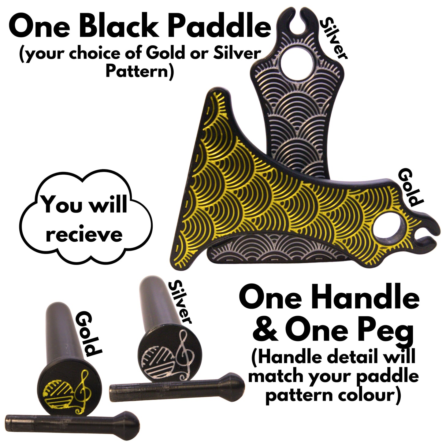pictures of art deco motif black and metallic mayan spinner paddles and black handles. Text reads you will receive black paddle (your choice of gold or silver pattern) one handle and one peg (handle detail will match your paddle pattern colour)