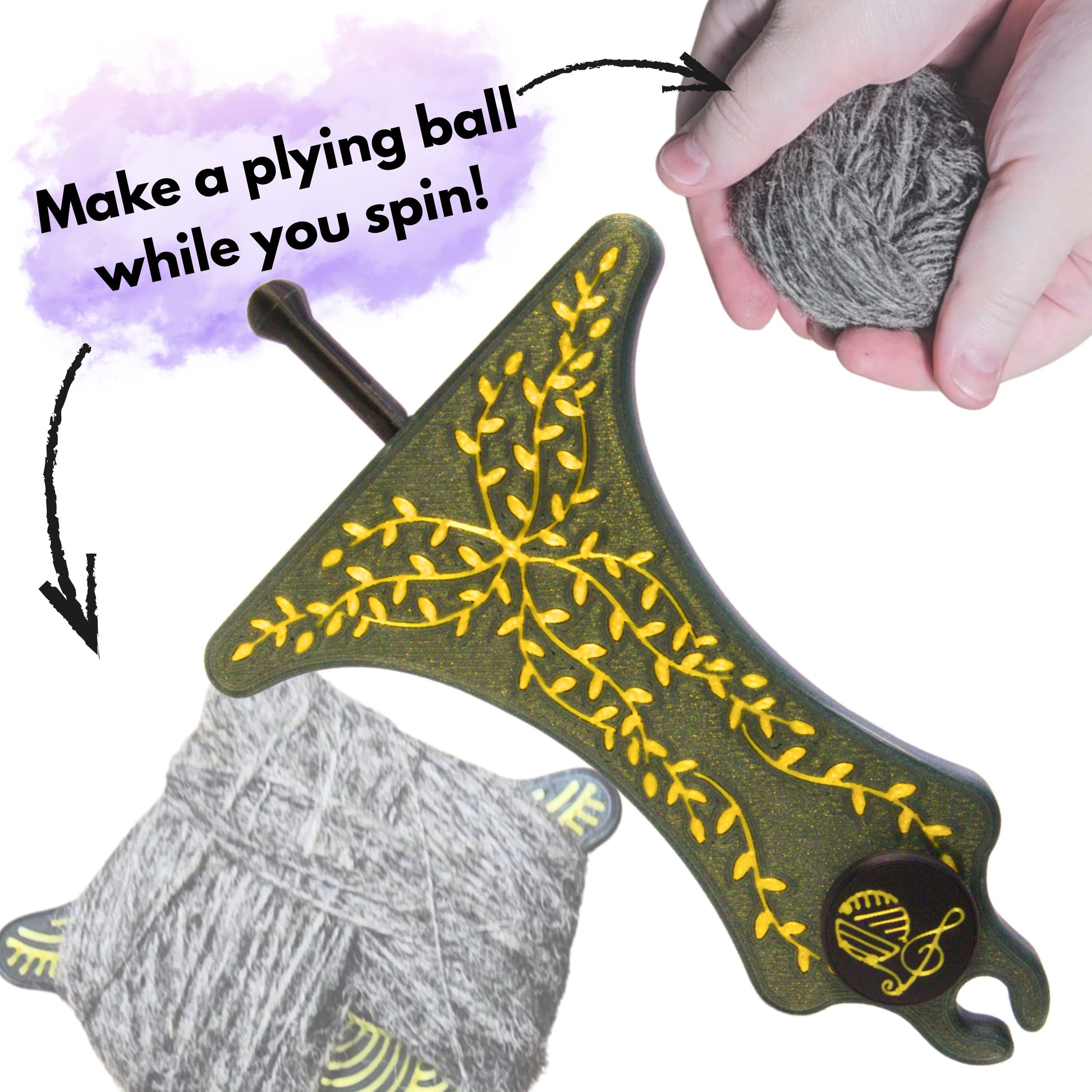 a hand holding a ball of spun single yarn to ply from alongside a sparkly green with gold leaves design mayan spin and ply spinners with the caption make a plying ball while you spin