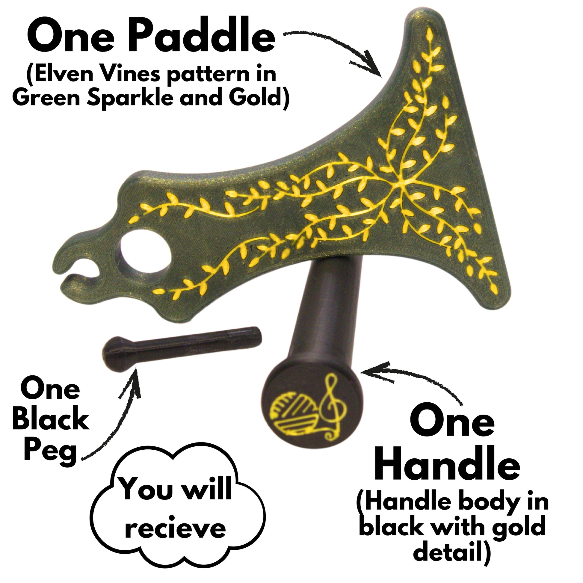 a green sparkly mayan spinner paddle with an inlaid gold effect leafy vines pattern atop a black handle and peg sporting my logo in a matching gold. Text reads one paddle (elven vines pattern in green sparkle and gold), one handle (handle body in black with gold detail) and one black peg