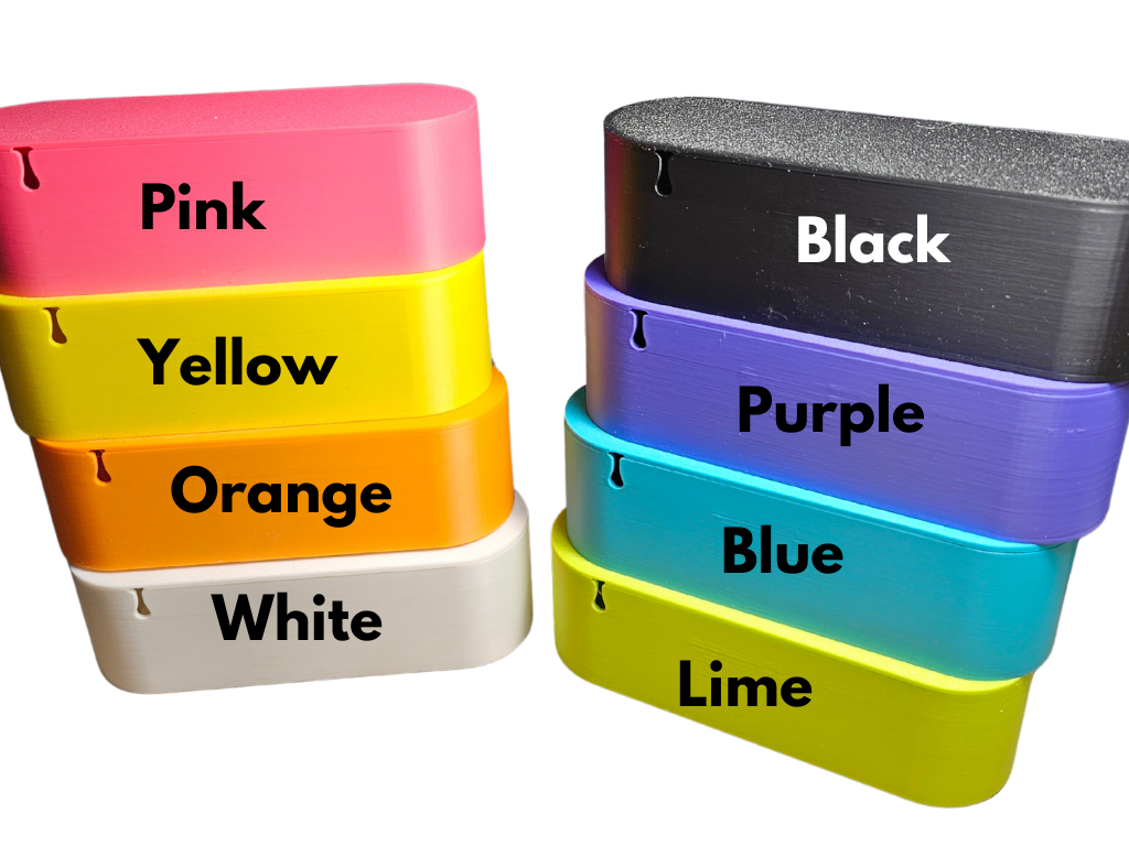 Stacks of colorful plastic tatting tidy boxes with labels on a white background