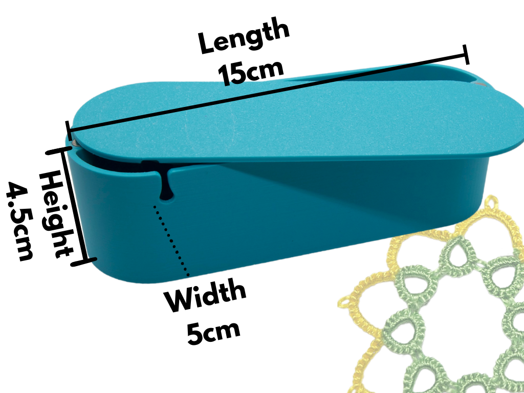 Blue lace-making storage box with measurements on a white background