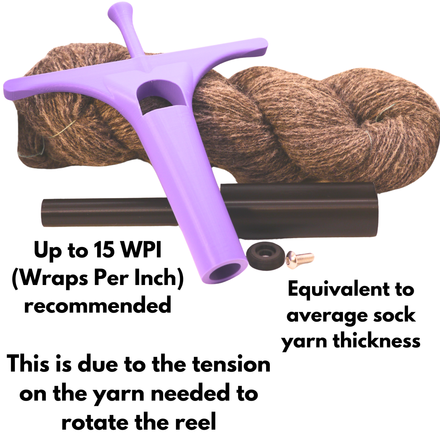 a purple plying druga in its respective pieces (reel, handle, stopper and bolt) laid against a skein of handspun grey yarn. Text reads 'up to 15 WPI (wraps per inch) recommended. Equivalent to average sock yarn thickness. This is due to the tension on the yarn needed to rotate the reel'