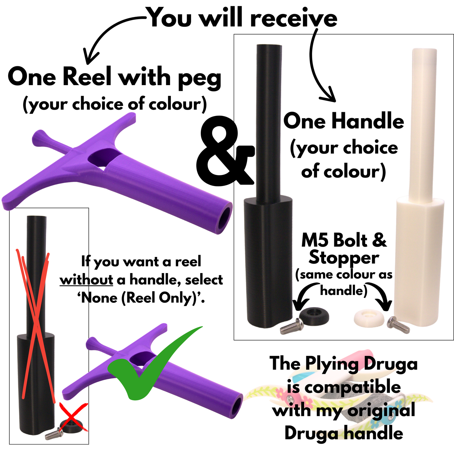 This picture shows what you will receive when selecting different options at checkout. If you choose a reel with a handle you will recieve a reel, a peg, a handle, a bolt and a stopper. If you want a reel without a handle you should select 'none (reel only) for the handle. The plying druga is compatible with the original druga handle.