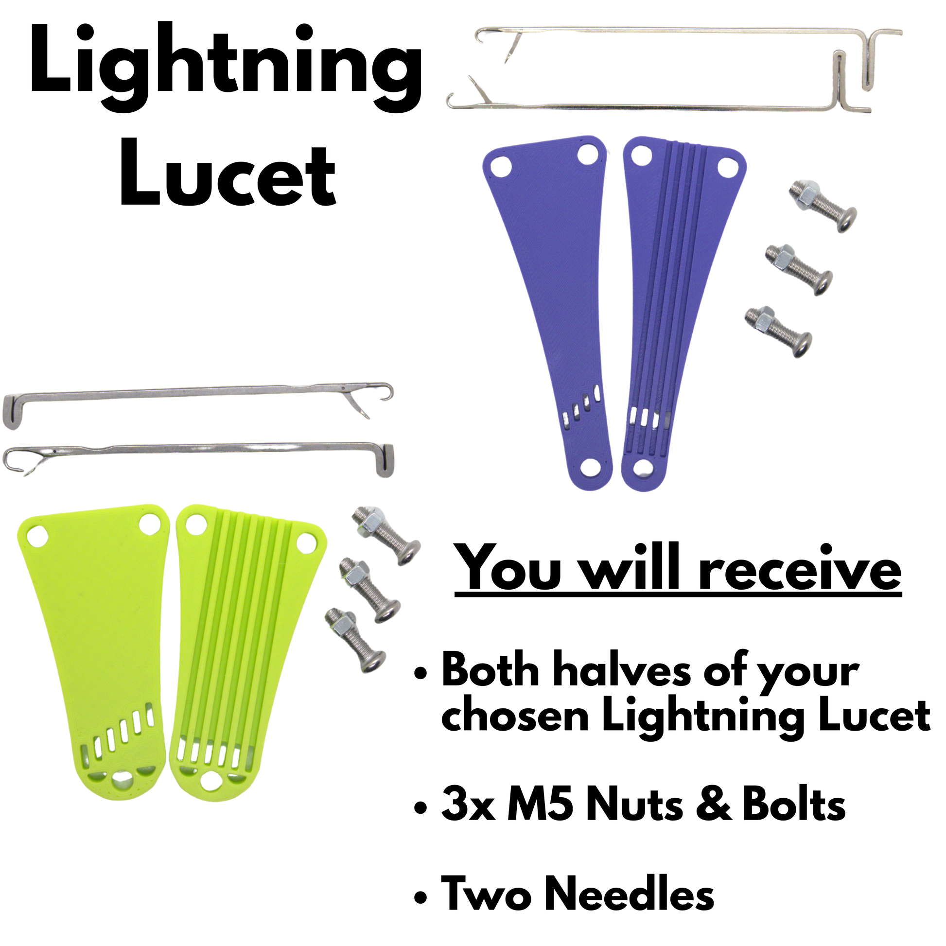 Lightning Lucet components including both halves of the tool in your chosen colour, M5 nuts, bolts, and needles on a white background.