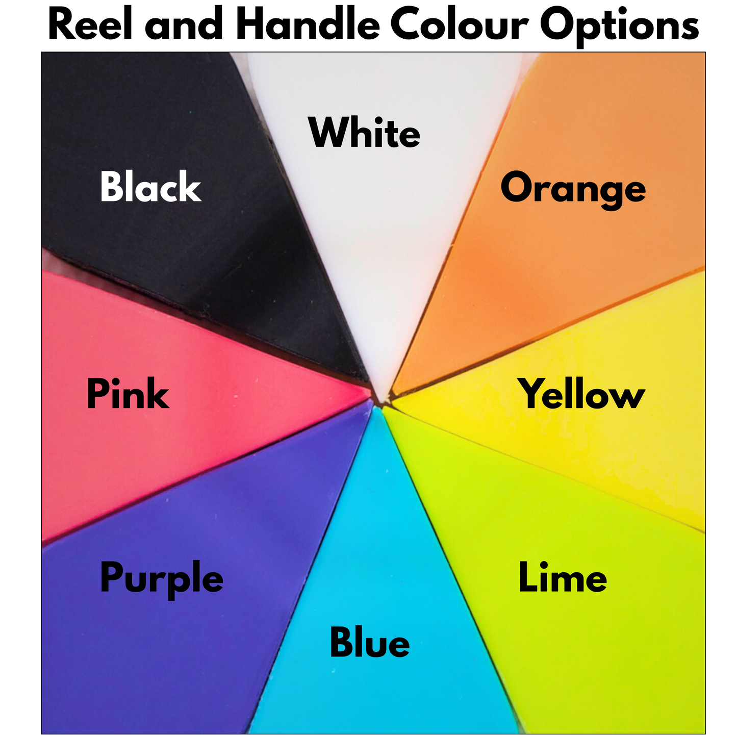 some colour swatches for the reel and handle