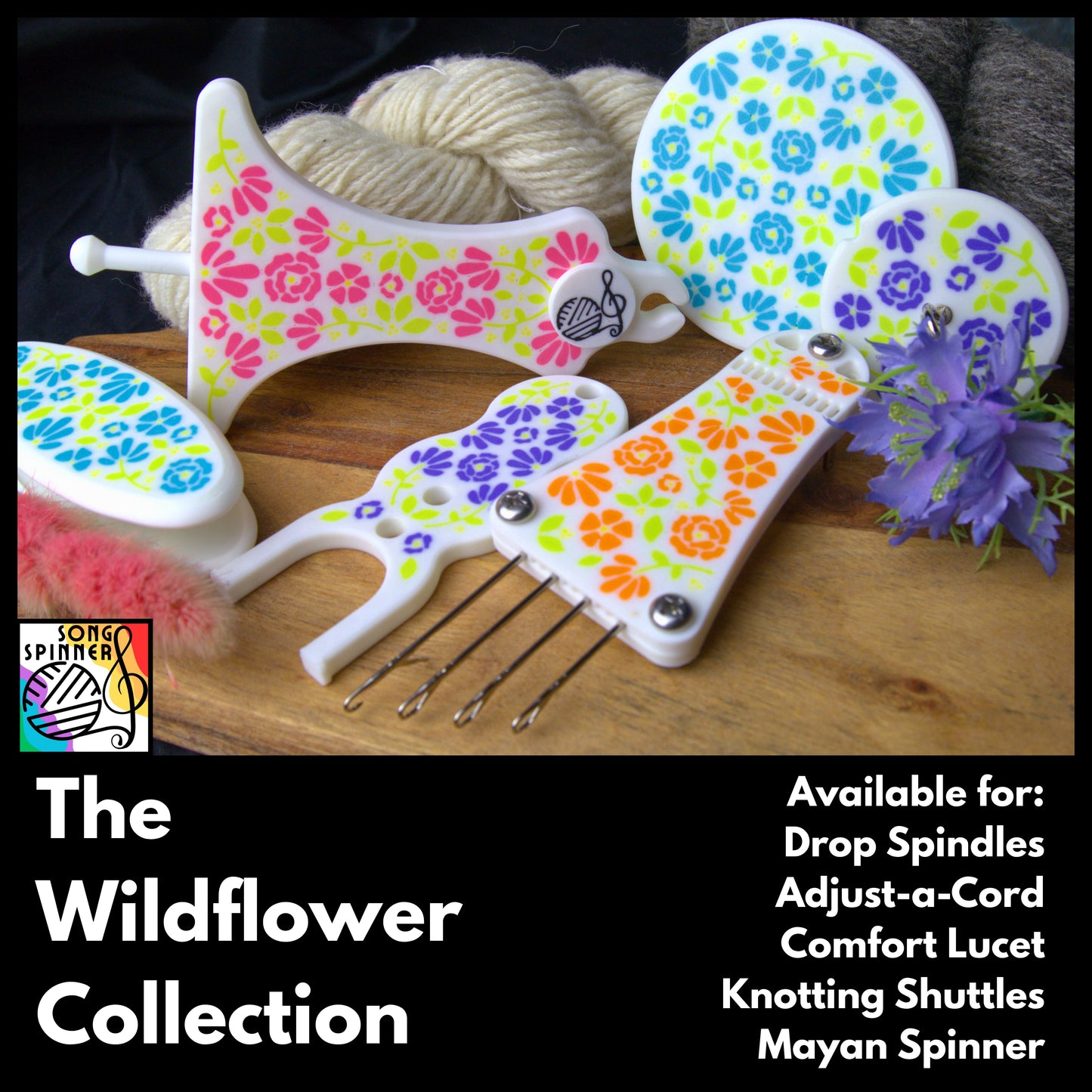 A picture of the entire wildflower design collection, featuring textile tools such as drop spindles, adjust-a-cord, comfort lucet, knotting shuttles and mayan spinner