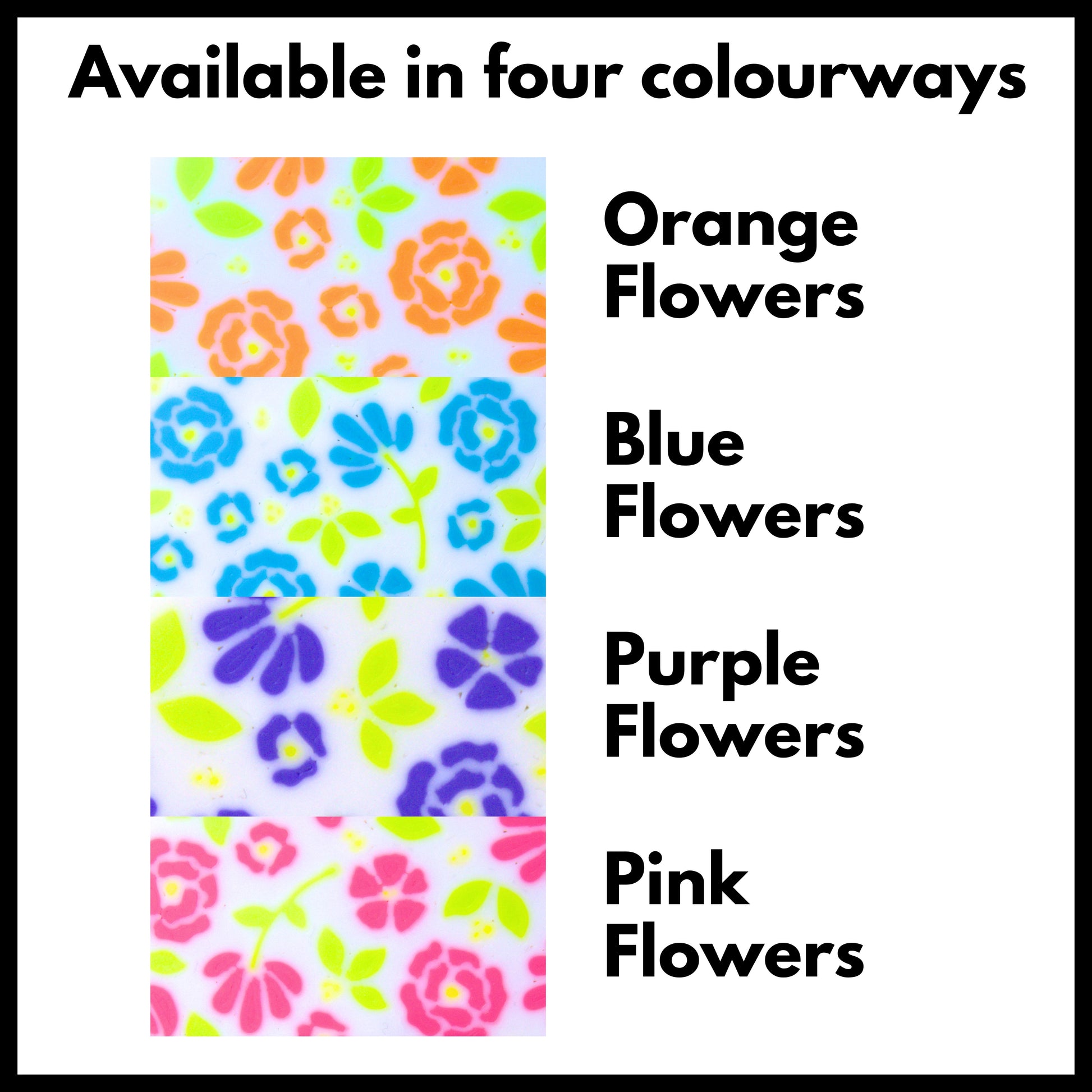 Text reads 'available in four colourways' with each one labelled. Available are orange flowers, blue flowers, purple flowers and pink flowers