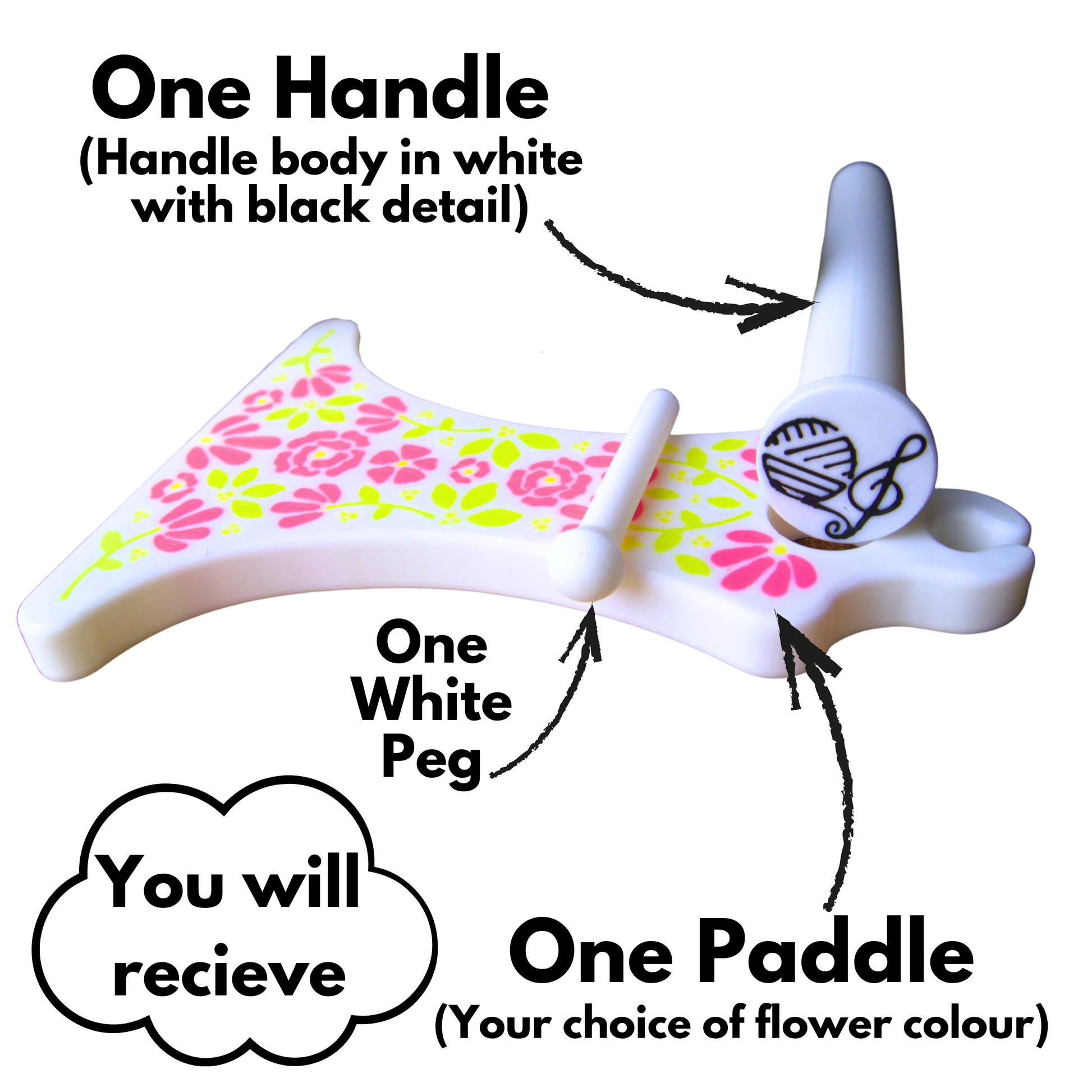 Text reads 'you will recieve: one handle (handle body in white with black detail), one white peg and one paddle (your choice of flower colour)'