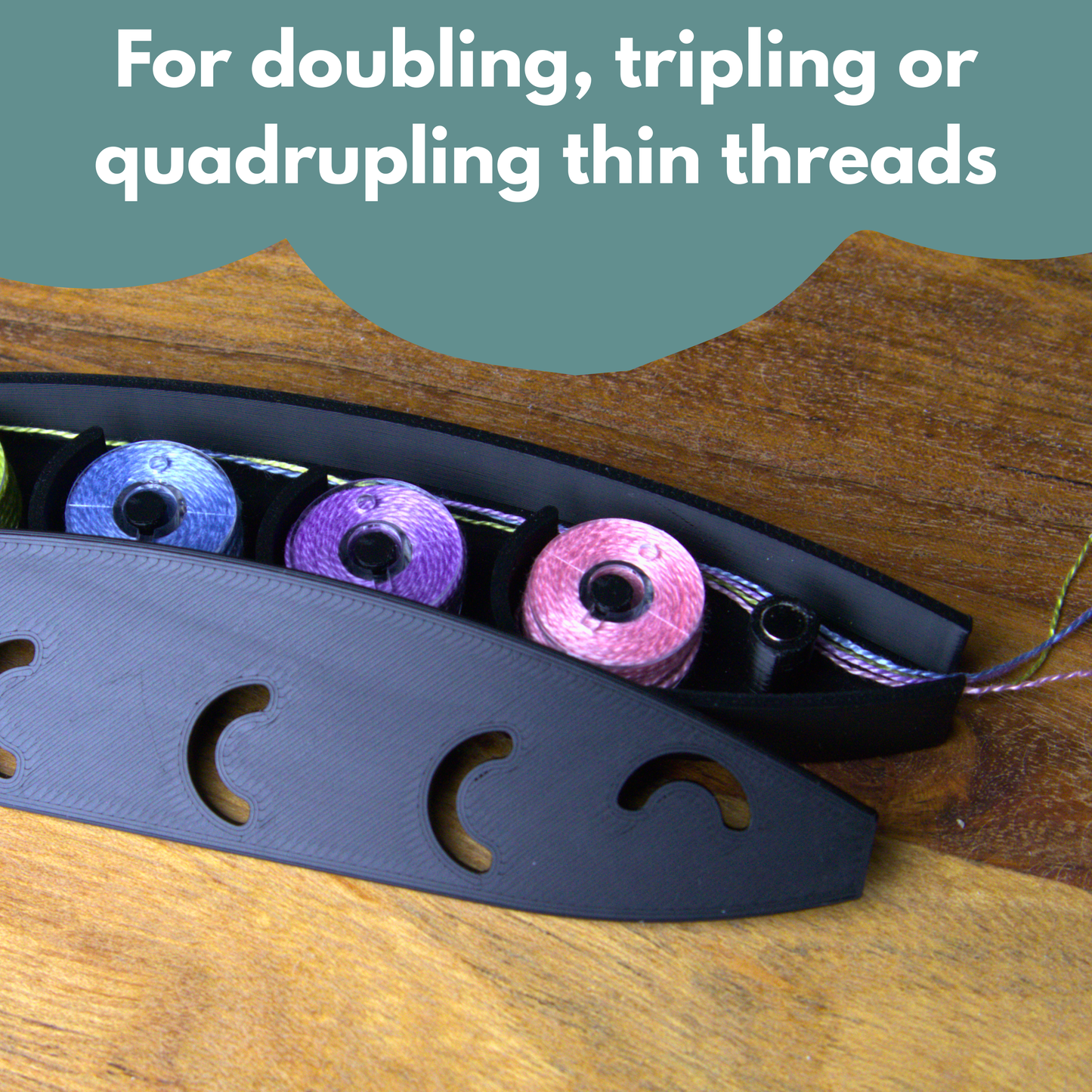 A 3D printed sardine shuttle with bobbins full of thread inside. Text reads 'for doubling, tripling or quadrupling thin threads'