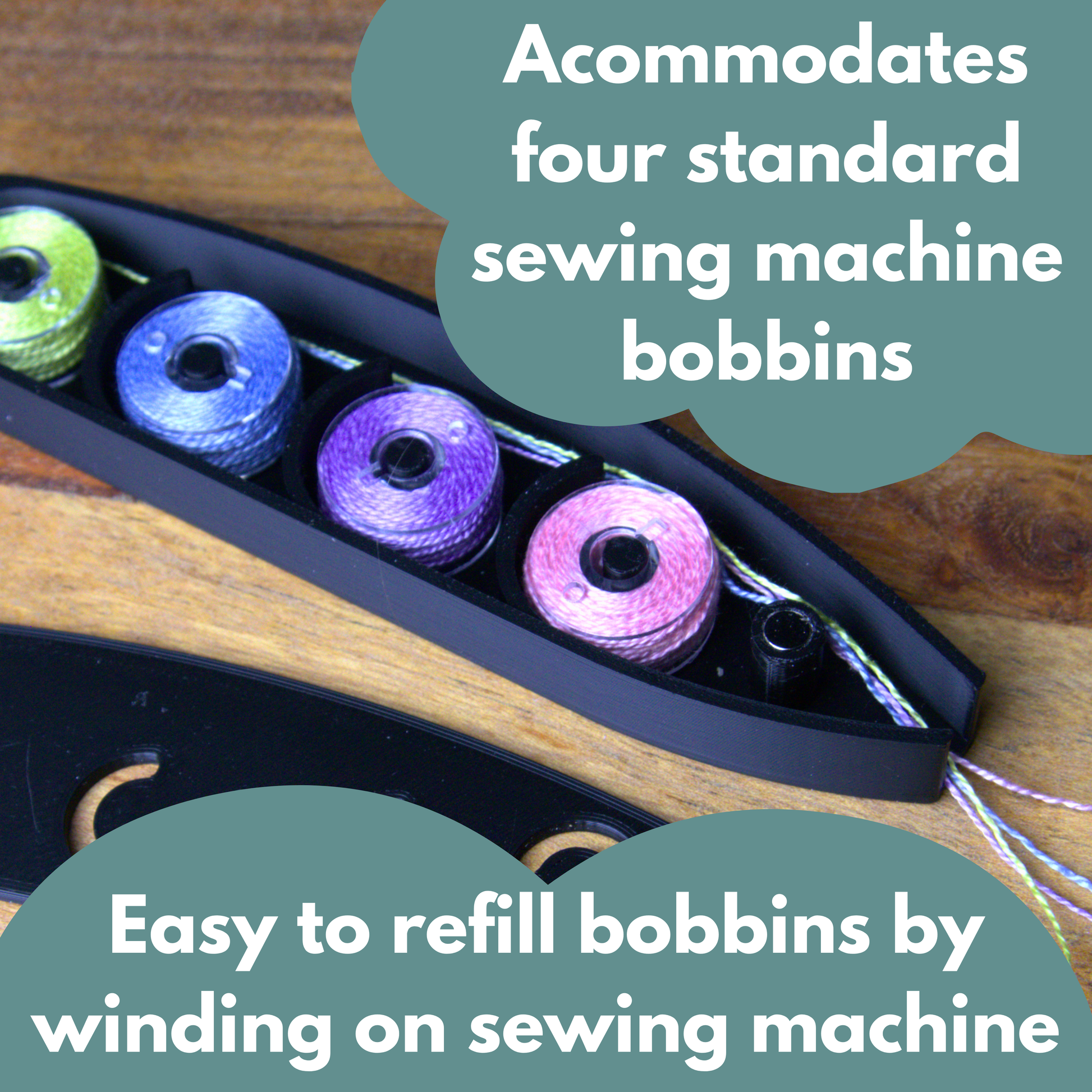 An opened sardine shuttle with sewing machine bobbins full of various colours of thread. Text reads 'accommodates four standard sewing machine bobbins' and 'easy to refill bobbins by winding on sewing machine'