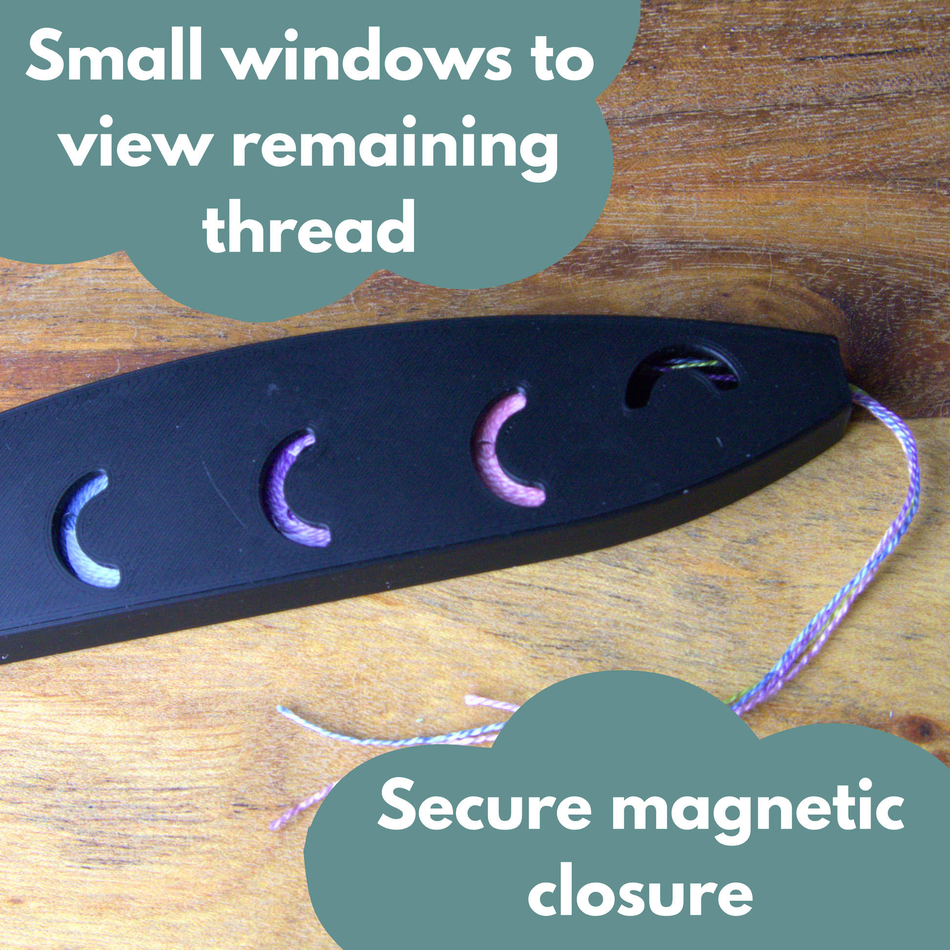 a closed black sardine shuttle with threads spilling out of its mouth with the text 'small windows to view remaining thread' and 'secure magnetic closure'