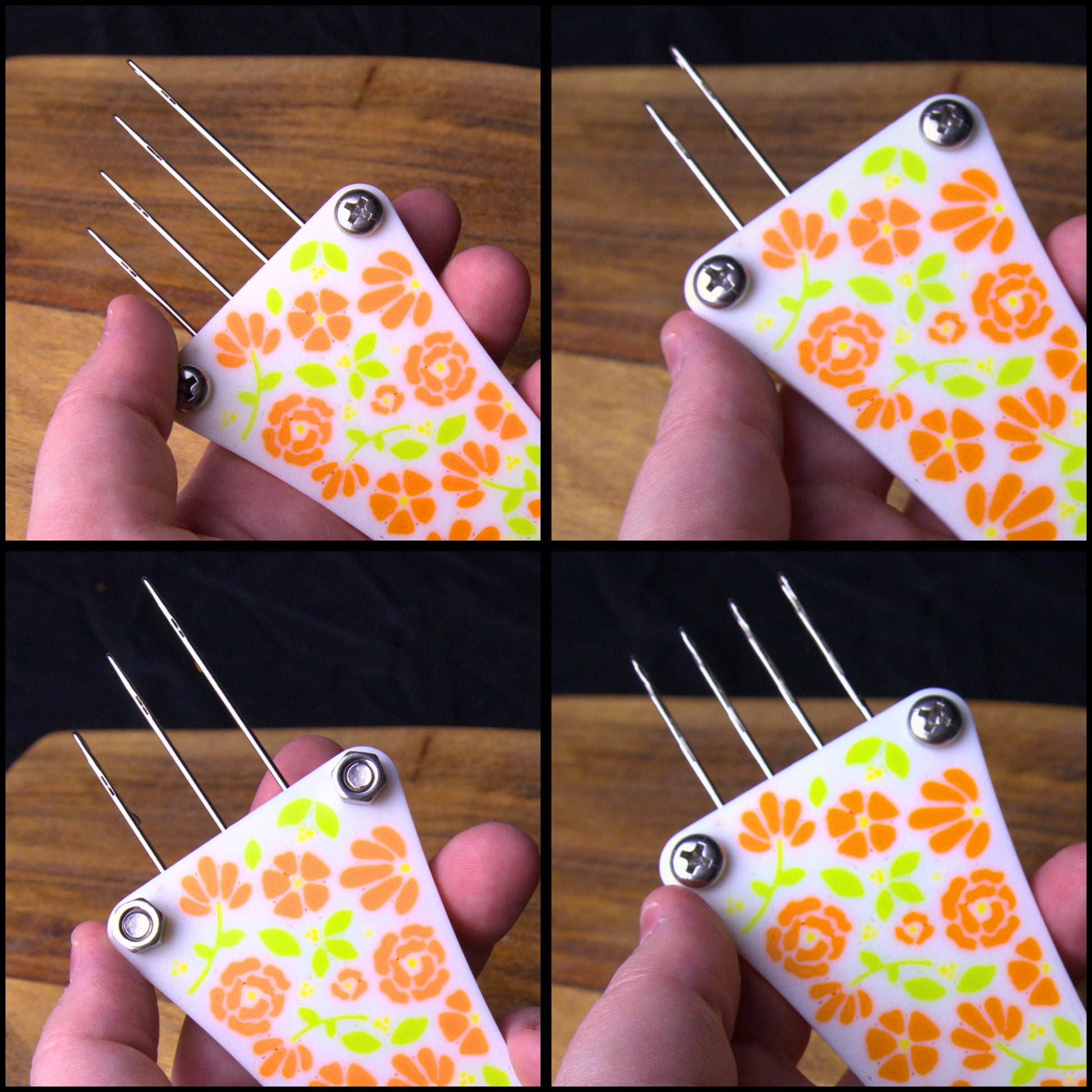 a few available setups of the adjust-a-cord. Two have four needles for four-stitch i-cord, one being slanted and the other straight. Another has a slanted setup for two needle icord/lucet and the other has a setup for slanted 3-stitch icord.