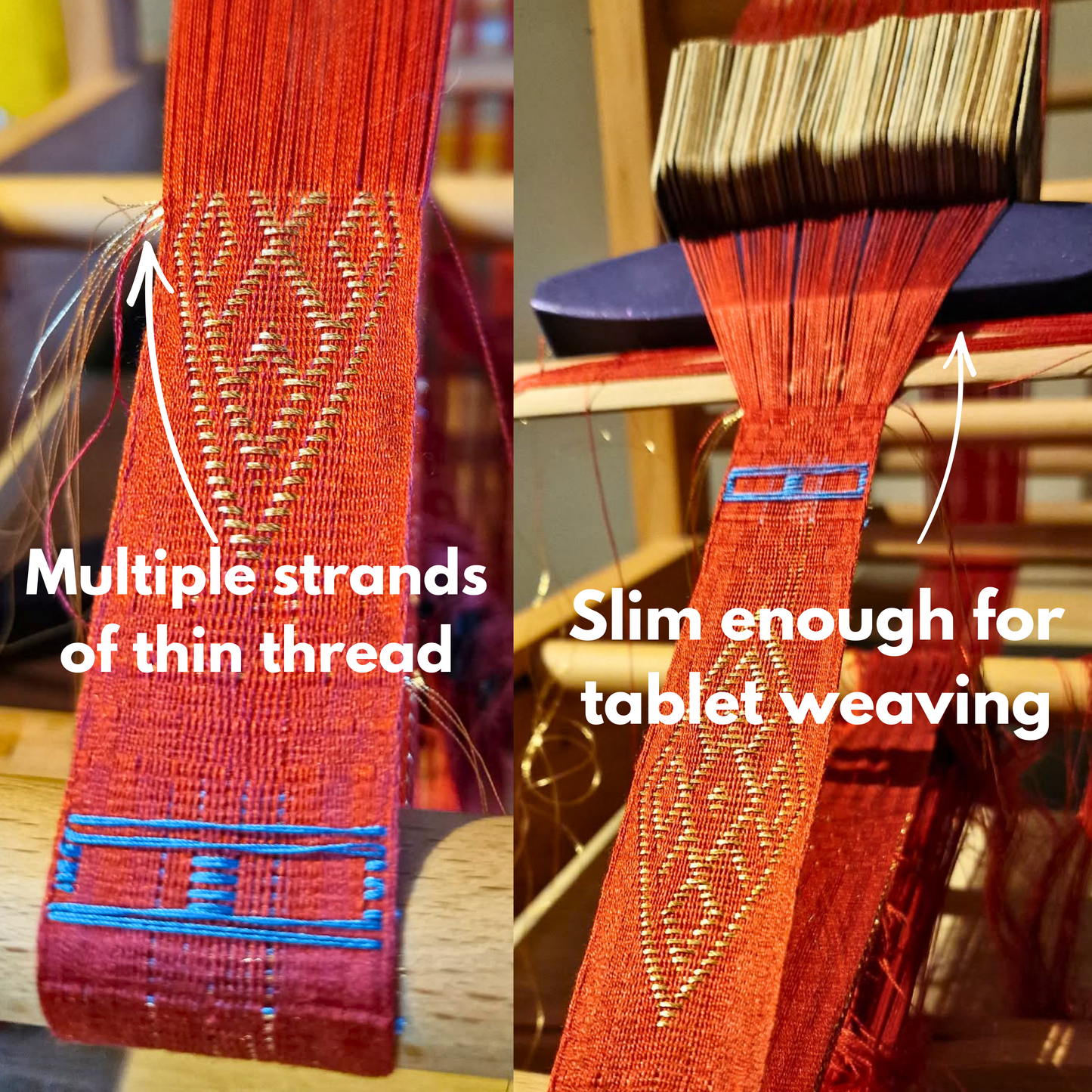 a picture of some orange, blue and gold tablet weaving pointing to the brocade work. Text reads 'multiple strands of thin thread' pointing to the threads poking out of the side, and 'slim enough for tablet weaving' when pointing to the shuttle resting in the tablet weaving shed