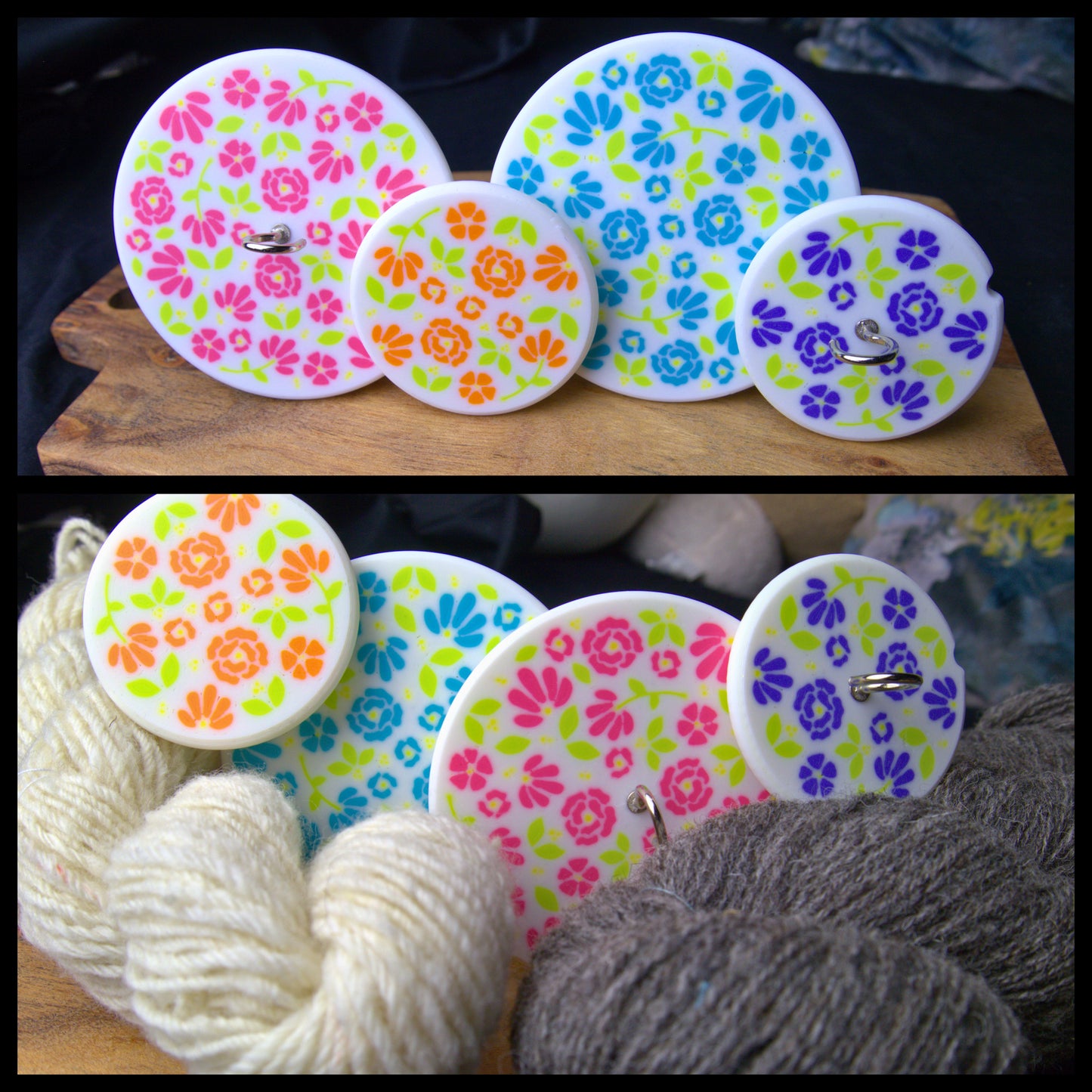 two pictures of four drop spindles in different sizes and weight setups alongside some cream and grey handspun yarn skeins