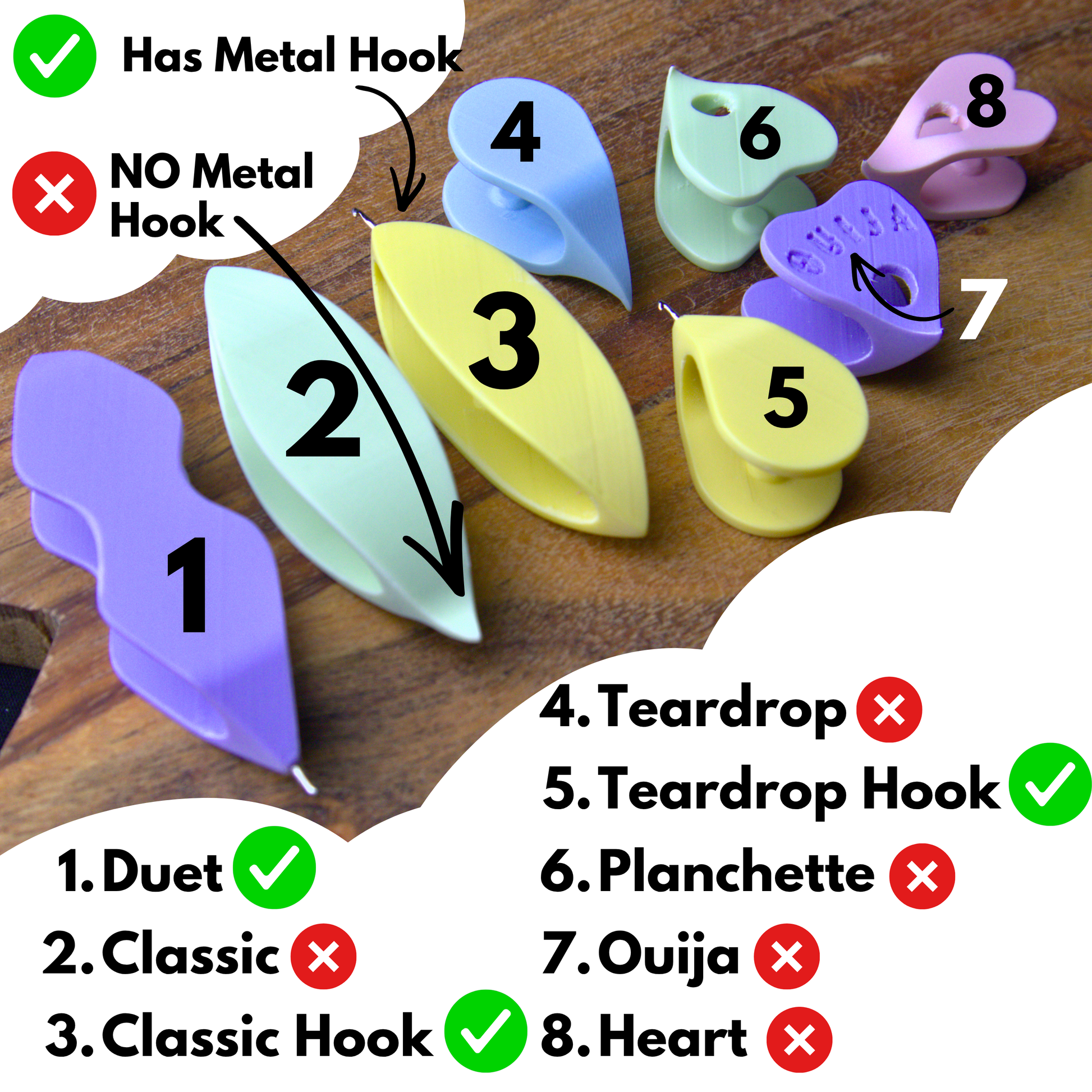 an array of pastel coloured universal tatting shuttles on a wooden board. Each one is numbered to denote which is which with a tick-or-cross system to show which have an embedded metal hook in the end