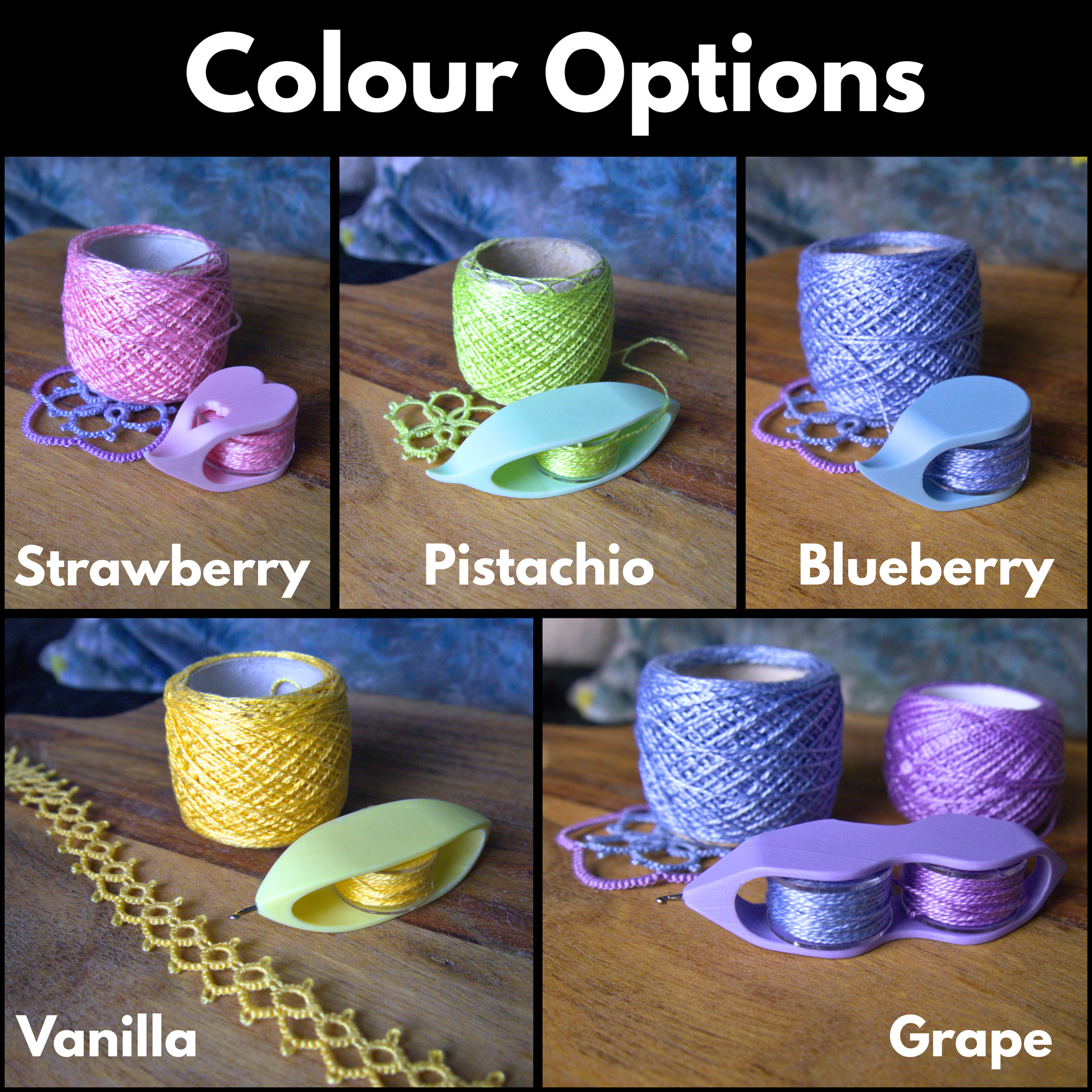 Available colour options for the pastel collection. Available colours are Strawberry (pastel pink), Pistachio (pastel green), Blueberry (pastel blue), Vanilla (pastel yellow) and Grape (Pastel purple)