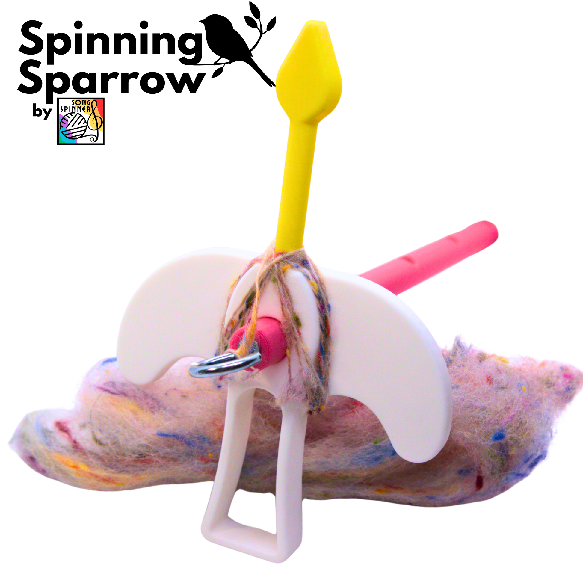 a colourful drop spindle with a bird shaped whorl, yellow beak-shaped peg and pink shaft with silver hook on the end. Text reads spinning sparrow by song spinner