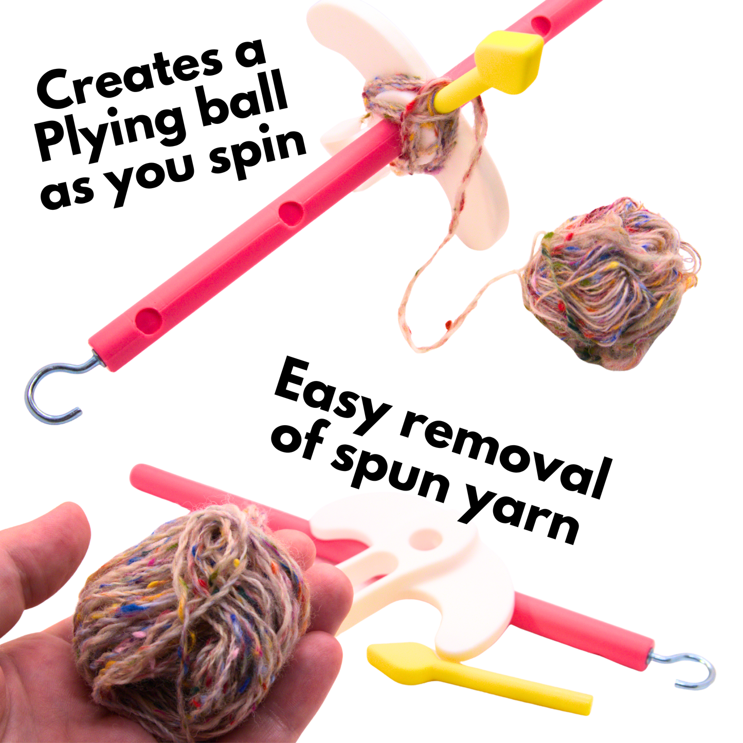 Pictures show the same spindle from the main listing picture with some fibre being plied on, with a hand holding a small plying ball. Text reads creates a plying ball as you spin, easy removal of spun yarn