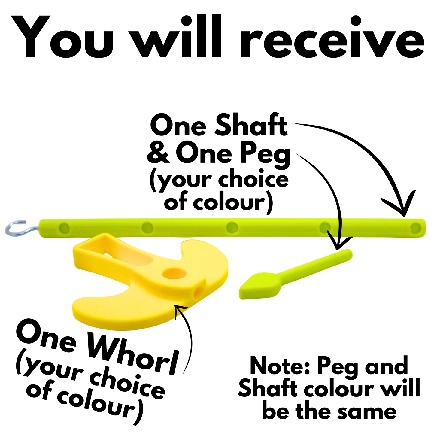Text reads you will receive one shaft and one peg (your choice of colour), One whorl (your choice of colour) and Note: peg and shaft colour will be the same. Arrows are pointing at the different parts to buyers know which label belongs to which