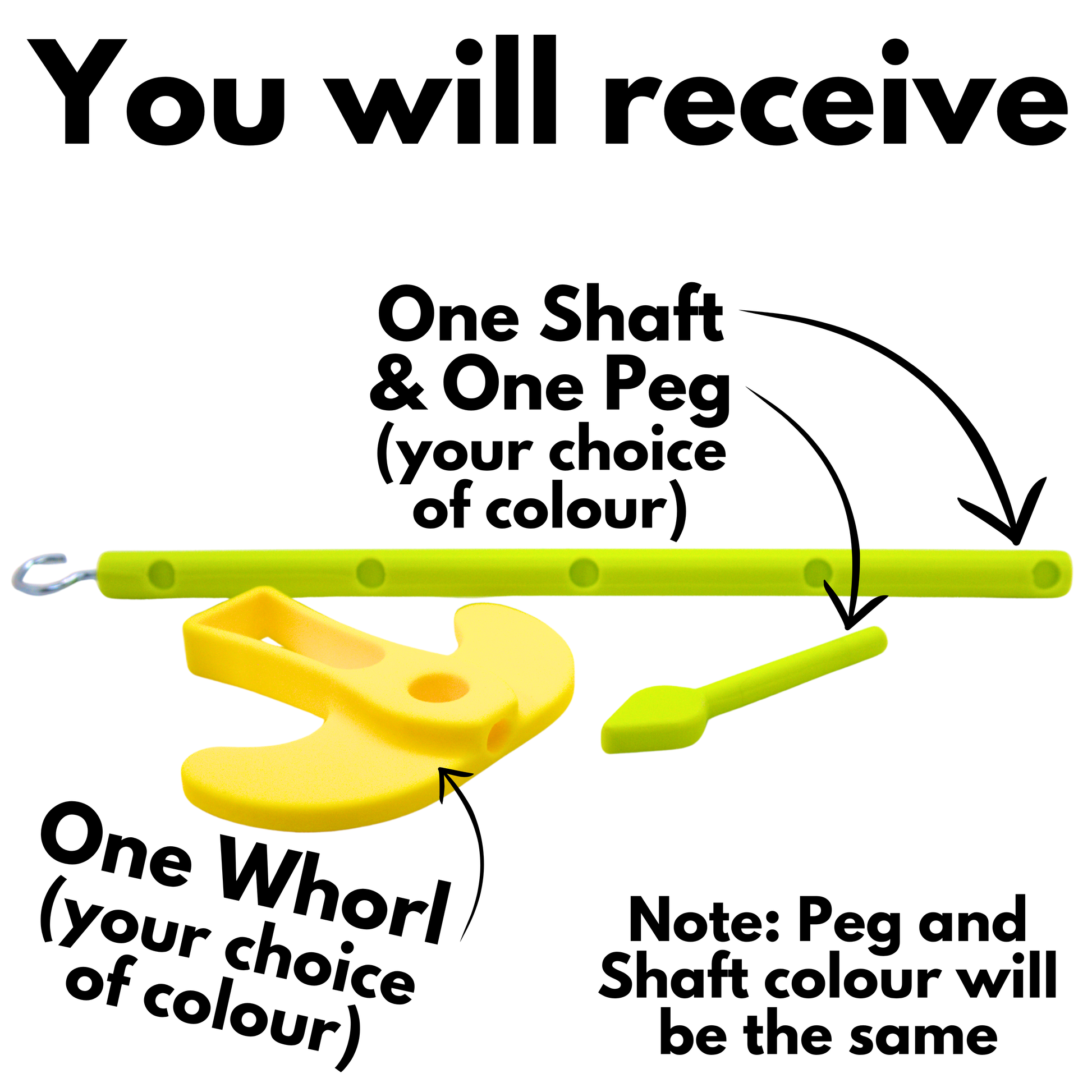 Text reads you will receive one shaft and one peg (your choice of colour), One whorl (your choice of colour) and Note: peg and shaft colour will be the same. Arrows are pointing at the different parts to buyers know which label belongs to which