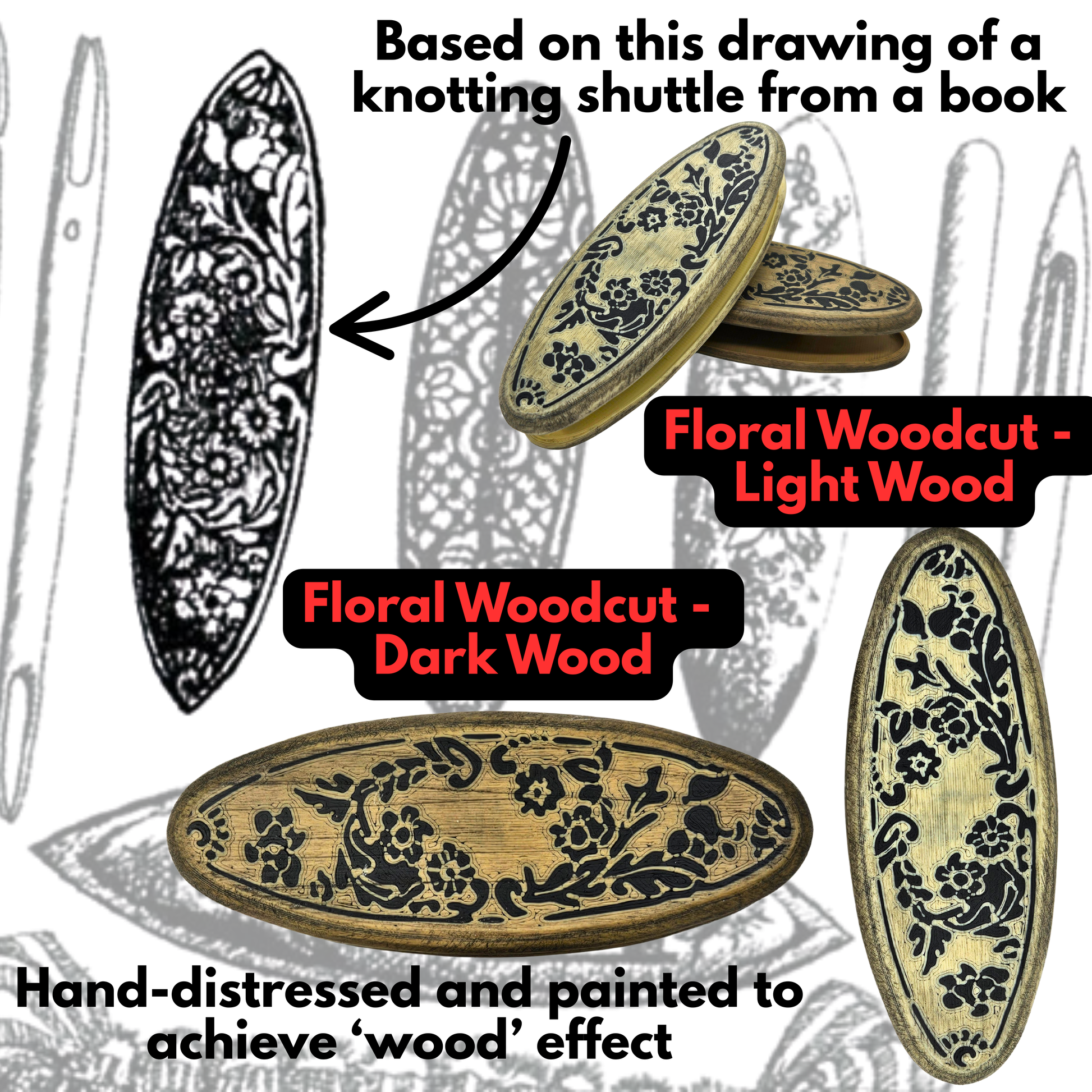 Floral woodcut designs on wooden shuttles with text describing which model is which and the hand-finishing aspects of the shuttles