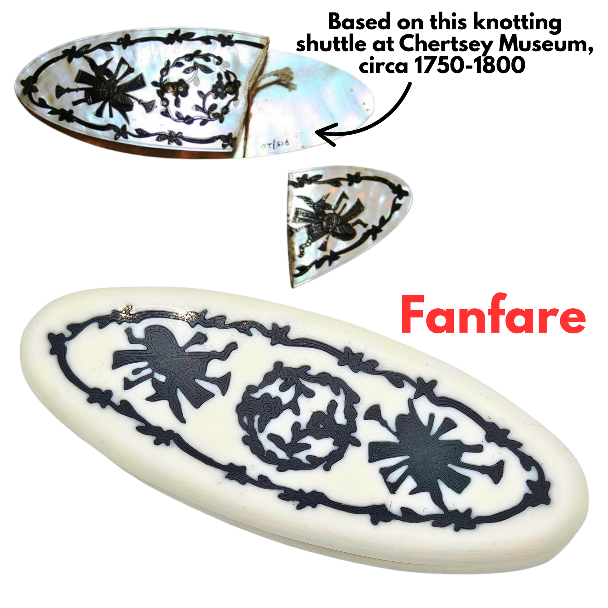 Knotting shuttle with decorative patterns, inspired by a historical piece at Chertsey Museum, circa 1750-1800, and branded 'Fanfare'.