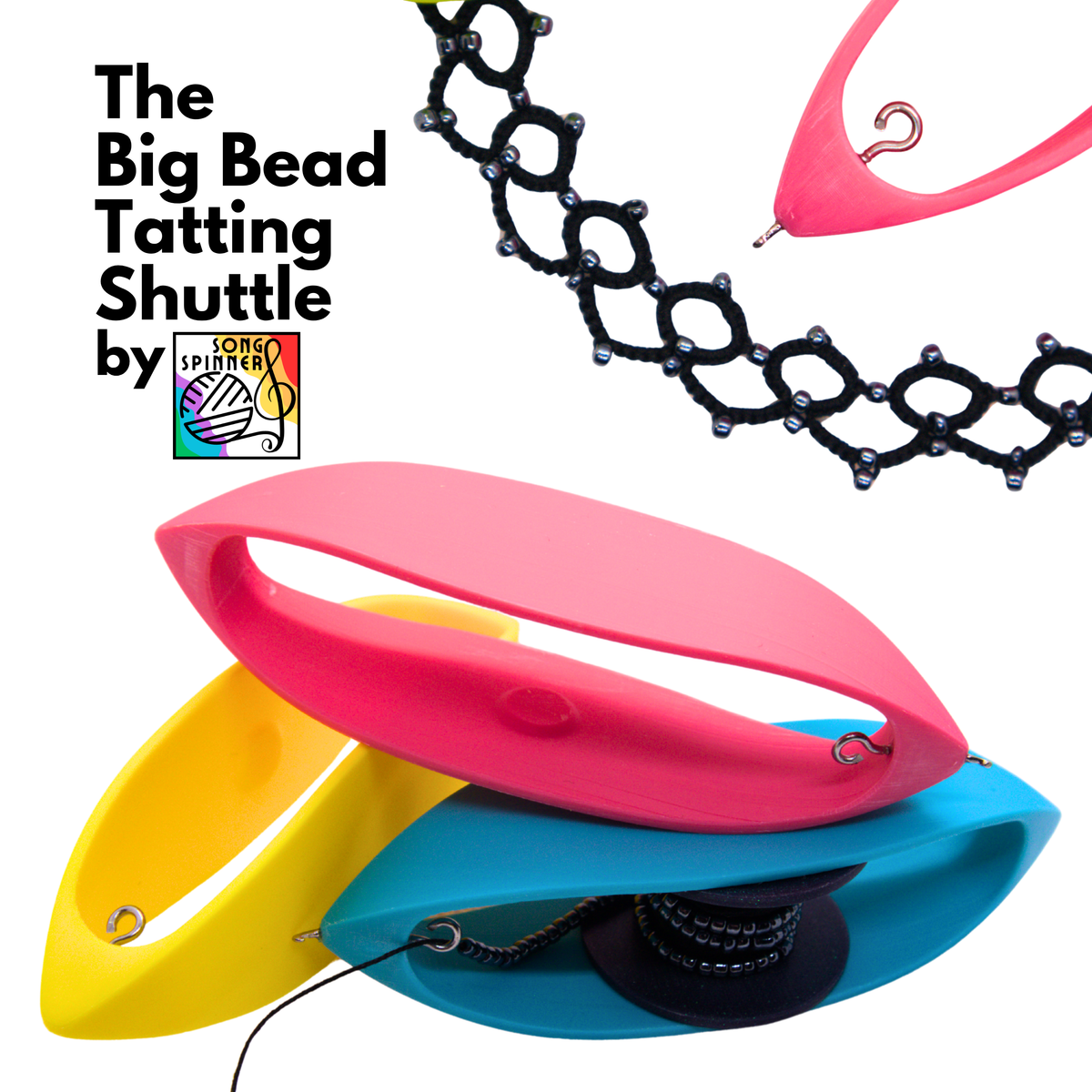 The Big Bead Tatting Shuttle by Song Spinner, shown in three colours: pink, yellow, and blue, alongside a black beaded choker and a pink shuttle on a white background.