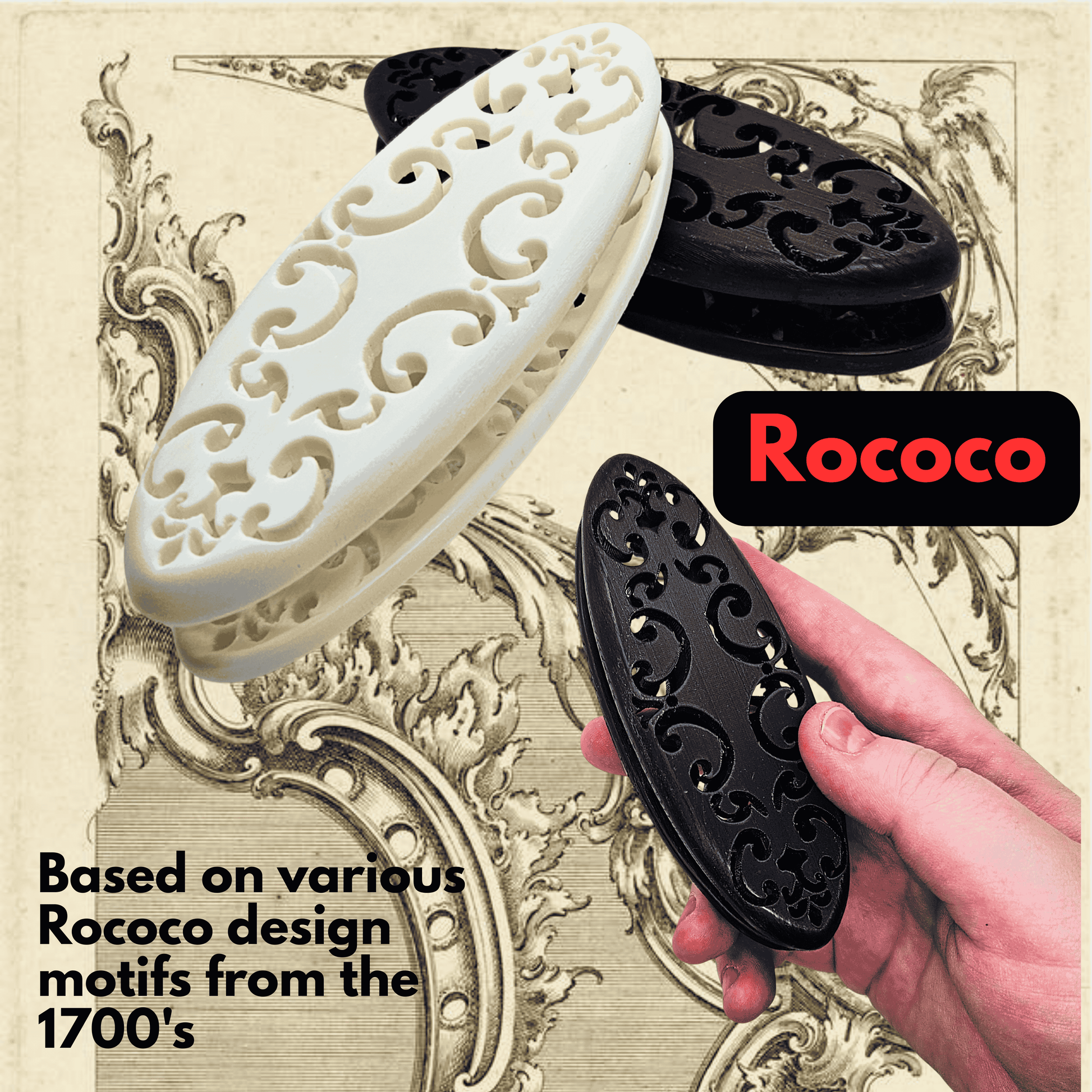 Knotting shuttles with Rococo design on a vintage-style background, featuring the label 'Rococo'.