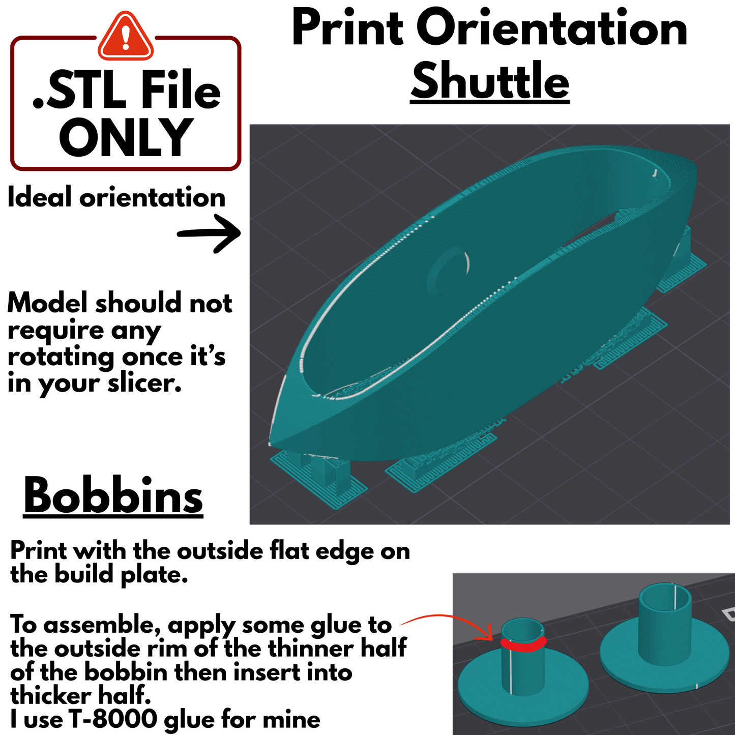 Instructional graphic titled 'Print Orientation Shuttle' showing a teal 3D model in three orientations, with text explaining STL file use, ideal orientation, and bobbin assembly. A small inset at bottom right shows two teal cylindrical bobbin pieces with a red arrow indicating assembly direction.