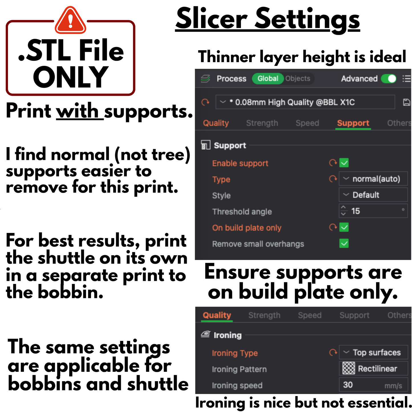 A digital graphic titled 'Slicer Settings' explaining slicer settings for 3D printing. It features text instructions on the left and two user interface screenshots on the right showing ideal settings